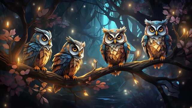 Magical Forest Owls Four Adorable Owlets Perched on a Branch with Fairy Lights