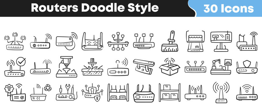 Hand drawn collection of wifi router icons for internet technology usage