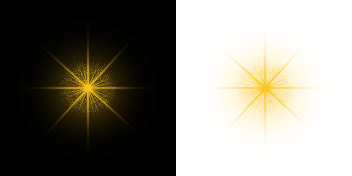 Abstract split monochrome design element featuring a golden glowing starburst with sparkling dust particles, excellent for magical graphic overlays and banners.