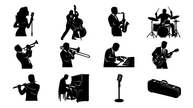 Vintage Jazz Musicians and Instrument Silhouette Vector Collection