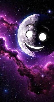Glowing Smiling Moon Face Floating In Deep Space Nebula Background