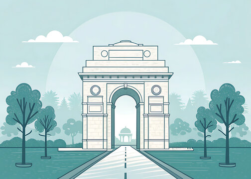 India Gate in New Delhi, monumental sandstone arch with landscaped pathway and subtle trees, minimal modern vector style