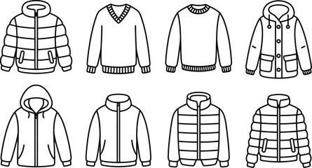 Winter outerwear line art vector set featuring padded down jackets hooded coats and warm sweaters isolated on white background. © Rojiya