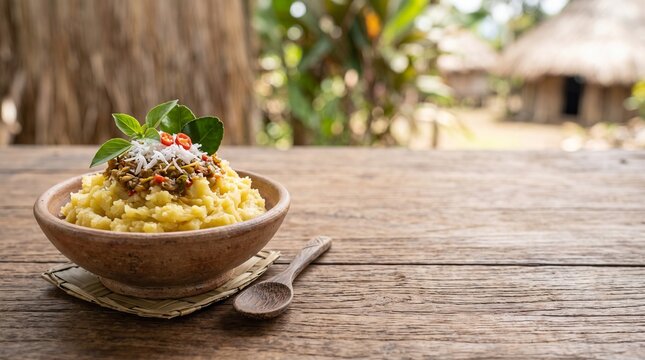Kasbi Tumbuk Papua, a Traditional Papuan Staple, Served in a Rustic Clay Bowl with Chili, Herbs