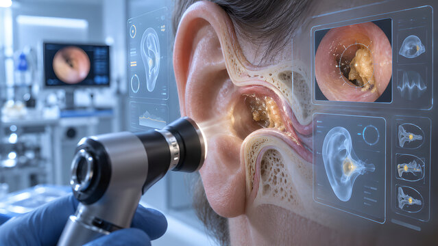 Ear canal earwax impaction healthcare technology concept with photorealistic anatomy, digital diagnostic interface and treatment planning visualization for medical education and patient care