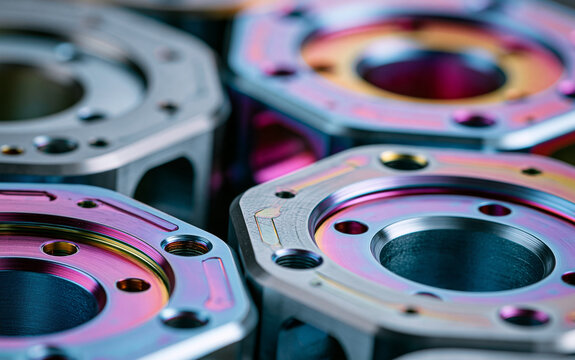 Iridescent metallic components revealing slot die casting technique, displaying precision engineering and intricate details of advanced manufacturing processes