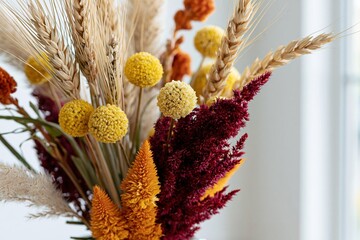 Obraz premium The dried flower bouquet with warm yellow, orange, and burgundy tones.