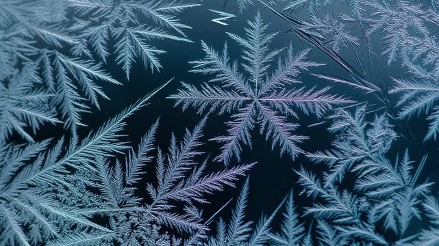 Intricate Frost Patterns on Glass, Snowflake Crystals, Winter Frost Art