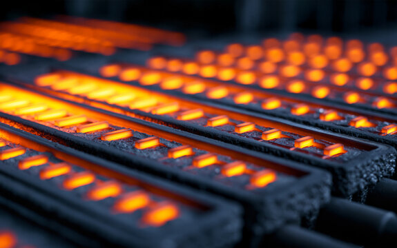 Closeup of industrial annealing process showing precise heating and controlled cooling of stamped metal parts to improve ductility and reduce internal stresses