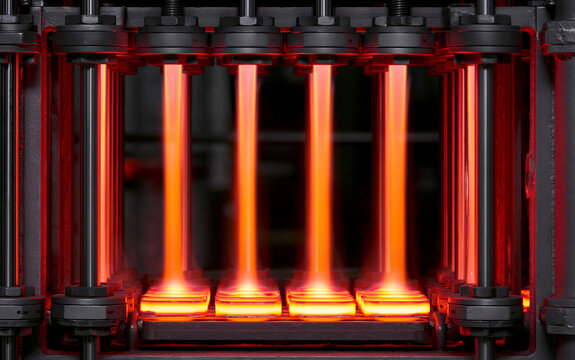 Closeup of industrial annealing process showing precise heating and controlled cooling of stamped metal parts to improve ductility and reduce internal stresses