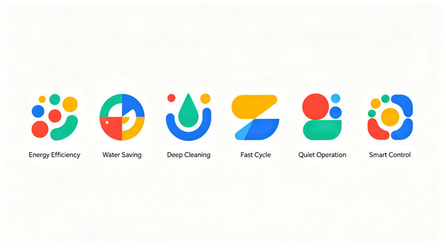 A collection of selling point icons for washing machines, representing energy-saving, water-saving, silent intelligent control, suitable for home appliance posters and product selling point modules.
