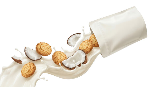 Coconut cookies falling from a white pouch into a splash of milk isolated on transparent background