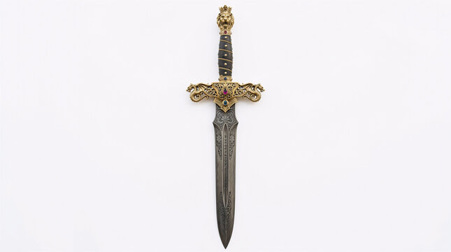 Antique medieval sword isolated on a clean white background, featuring an ornate hilt and detailed metal blade
