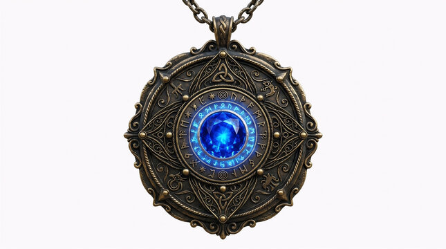 Ornate mystical pendant with a glowing blue gemstone, intricate metalwork, and antique fantasy design isolated on a white background