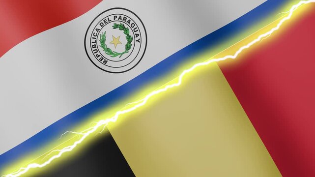Two waving flags Paraguay and Belgium with diagonal lightning seamless, 4k loop