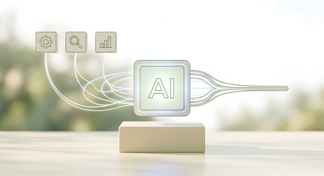 Sustainable artificial intelligence technology concept with glowing AI chip processing data against bright blurred nature background