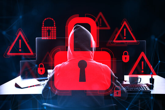 Cybersecurity hacker in hoodie surrounded by glowing padlock icons, warning signs and computer screens, symbolizing digital data protection and privacy.
