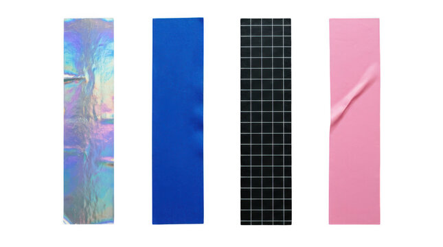 Set of four colorful adhesive tape strips with different textures and patterns isolated on transparent background