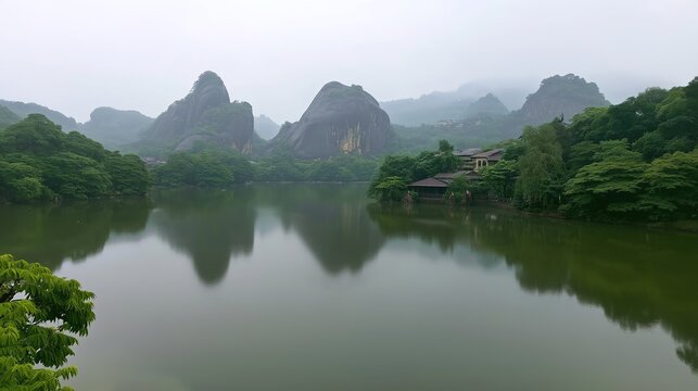 Overcast spring mist turtle-shaped danxia lake at GuiFeng Jiangxi 4A scenic