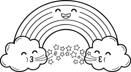 Obraz premium Cute Smiling Rainbow with Cloud Line Art Vector Illustration 
