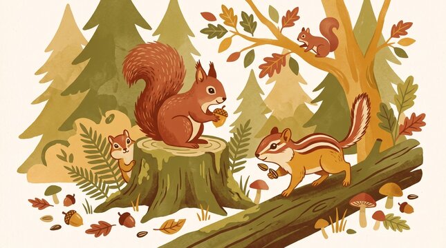 Cute autumn illustration of squirrels and chipmunks in a forest