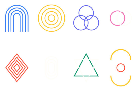 Set of abstract geometric line art shapes and minimalist vector icons isolated on transparent background