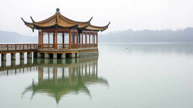 Overcast spring mist turtle-shaped danxia lake at GuiFeng Jiangxi 4A scenic