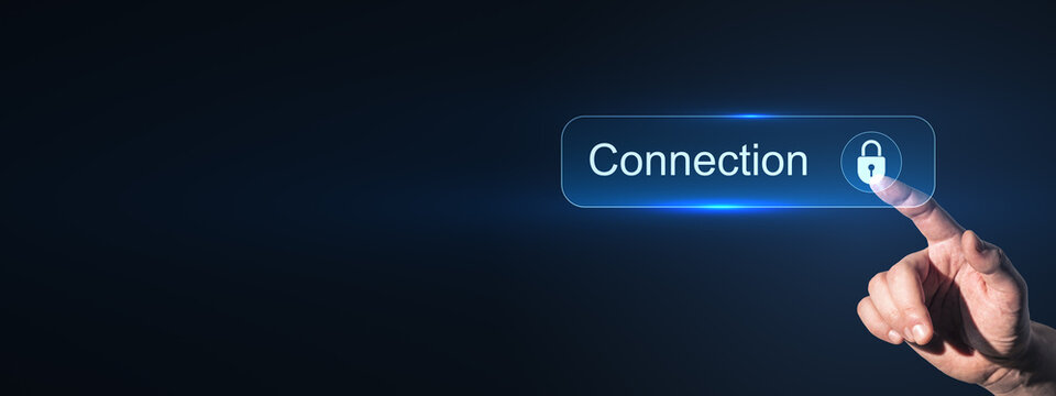 Digital connection button with lock symbol and human finger pressing virtual interface, blue neon technology business security concept with copy space.