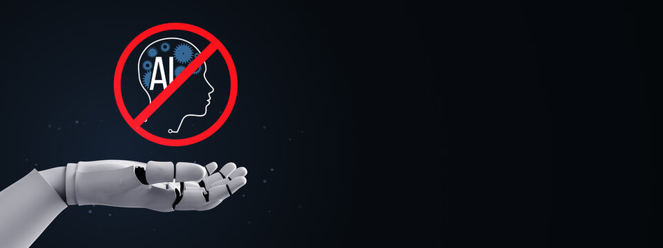 Stop AI concept with robotic hand holding a blocked intelligence symbol on dark background, technology protest, business copy space, future design.