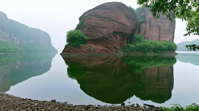 Overcast spring mist turtle-shaped danxia lake at GuiFeng Jiangxi 4A scenic