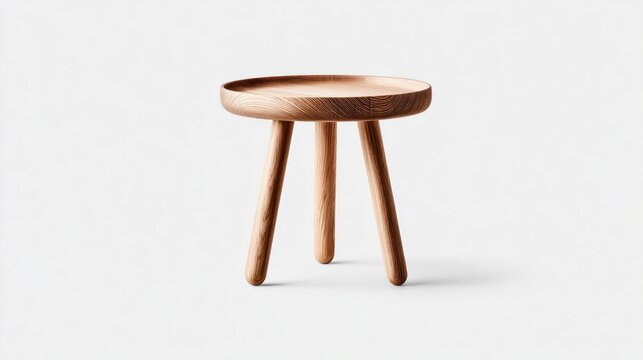 Minimalist wooden stool with three legs and a round top, studio shot on white background