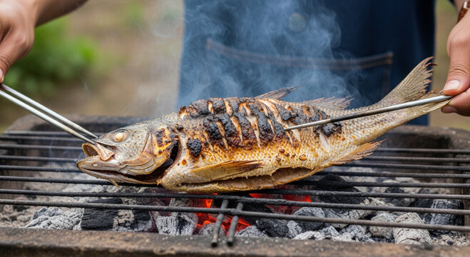 a whole fish grilled on an iron grill with charcoal embers