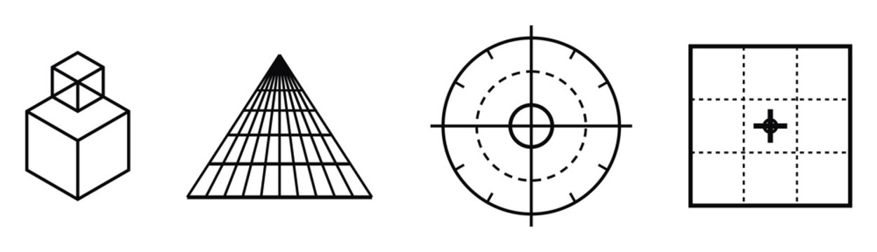 Set of technical geometric shapes including cubes, pyramid, target, and grid layout isolated on transparent background