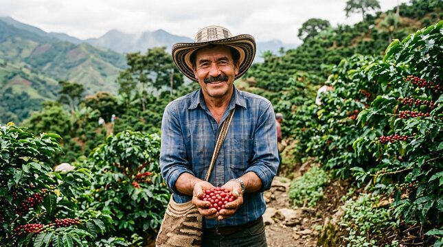 Smiling farmer holding fresh red coffee cherries on a lush plantation, celebrating Coffee Day and harvest season.