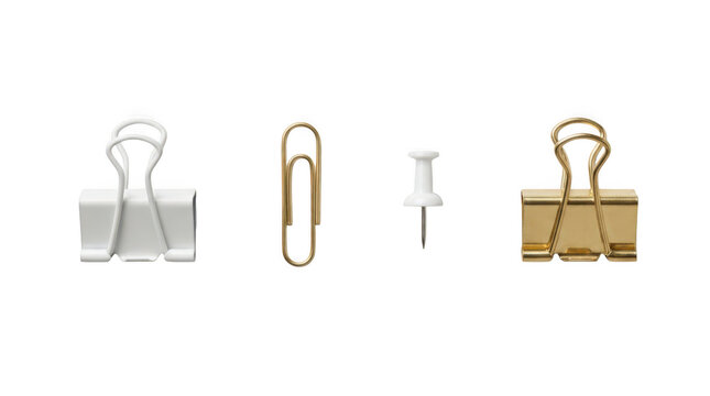 Set of office stationery including binder clips, paper clip, and push pin isolated on transparent background