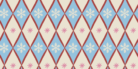 Obraz premium Vector Seamless Christmas pattern with hand-drawn holiday elements, geometric shapes, stars and festive ornaments in a retro color palette, design template for wrapping paper