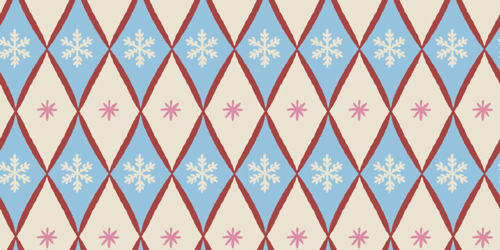 Vector Seamless Christmas pattern with hand-drawn holiday elements, geometric shapes, stars and festive ornaments in a retro color palette, design template for wrapping paper