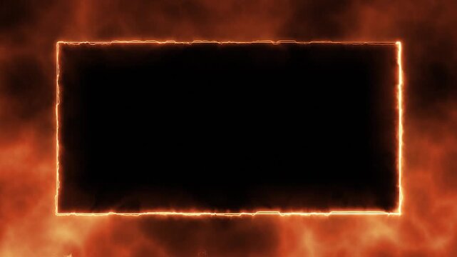 Fiery glowing rectangle frame with burning orange energy and smoke overlay effect on black background