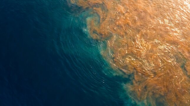 Aerial view of ocean surface with sargassum seaweed bloom and deep blue water contrast.