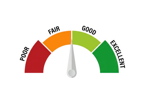 Rating gauge meter with needle pointing between fair and good isolated on transparent background