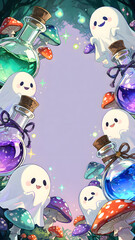 おばけと魔法の薬瓶とキノコ、幻想的でかわいい秋の雰囲気、ハロウィン広告向け縦長イラスト © 黒稀