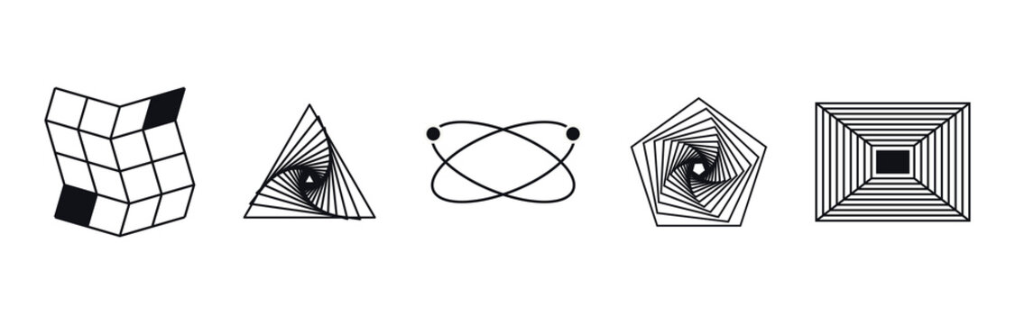 Set of abstract geometric shapes and patterns, minimalist vector icons with lines and shapes isolated on transparent background
