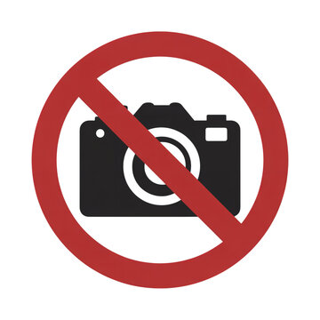 No photography sign red prohibition circle with camera icon on white background
