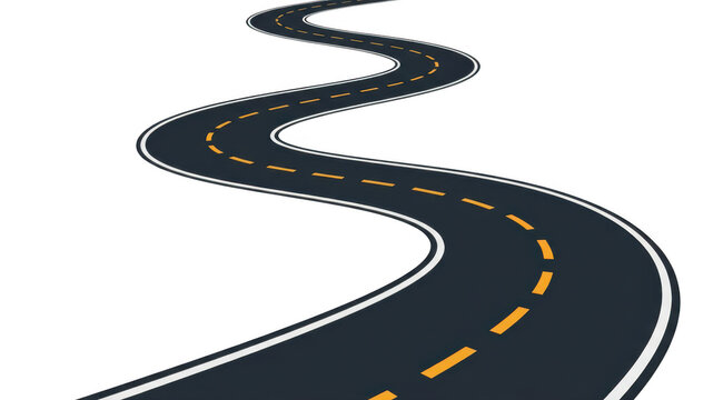 Winding road with yellow dashed lines isolated on transparent background