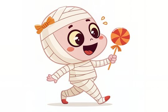 Cute cartoon mummy child walking and holding a sweet lollipop for Halloween vector illustration