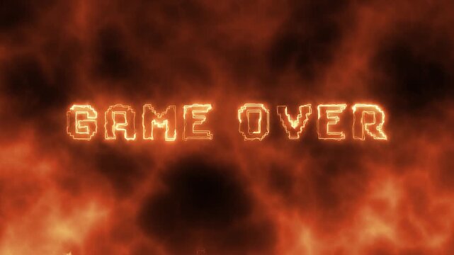 Fiery pixelated game over screen with retro glowing text animation on blazing background