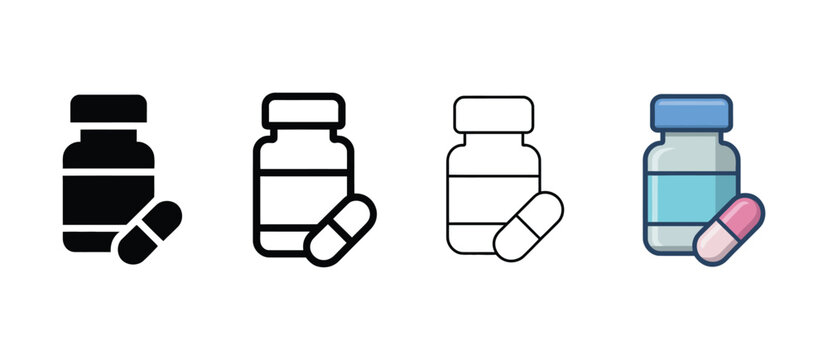 Medicine Bottle and pill icon set featuring pharmaceutical symbols, healthcare, medication, treatment, pharmacy, medical supplies, and wellness concepts.