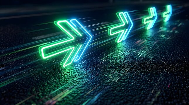 Glowing neon arrows in green and blue hues appear to move rapidly across a dark  textured surface  leaving light trails and motion blur effects behind them