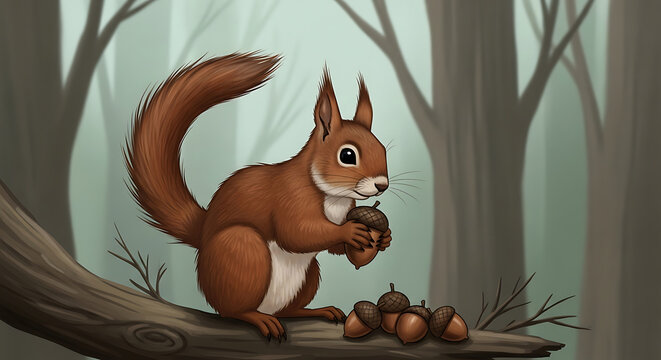 Cute cartoon squirrel holding an acorn in forest