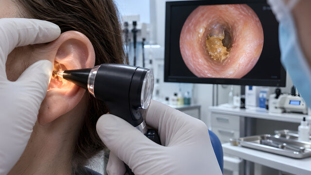 Ear canal earwax impaction clinical procedure with otoscope examination and cerumen removal in ENT clinic, photorealistic medical image for diagnosis awareness, healthcare and patient education